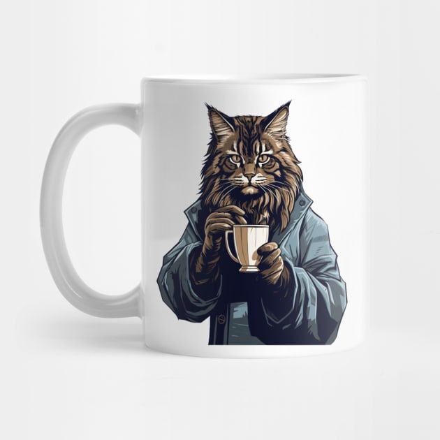Maine Coon Cat Drinking Coffee by Graceful Designs